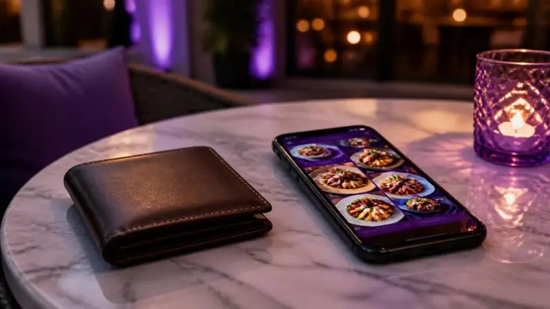 Closed wallet beside a phone showing a digital menu